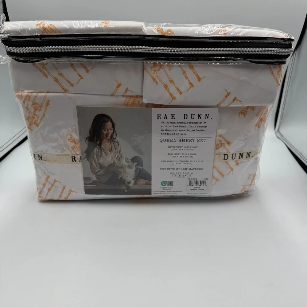 Rae Dunn White Sheet Set with Orange Skeleton Print - Queen